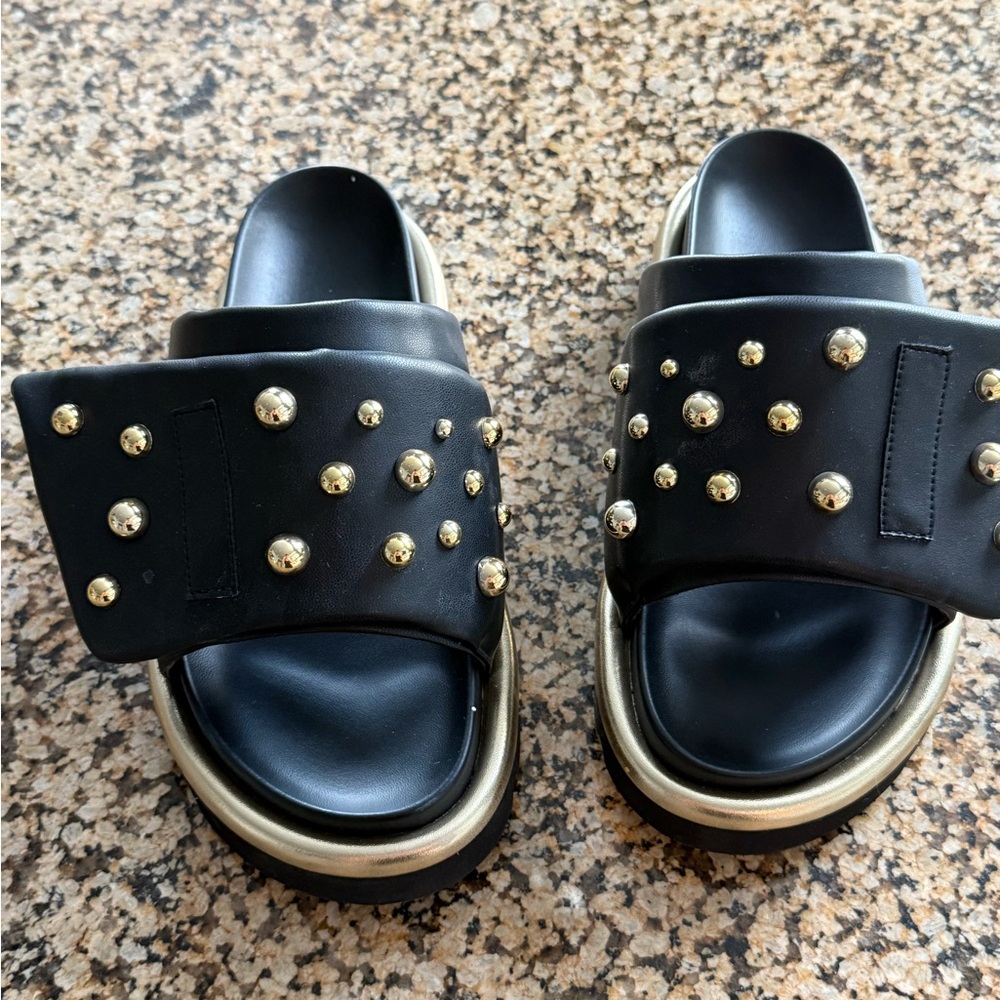 Black and Gold Studded Slide Sandals